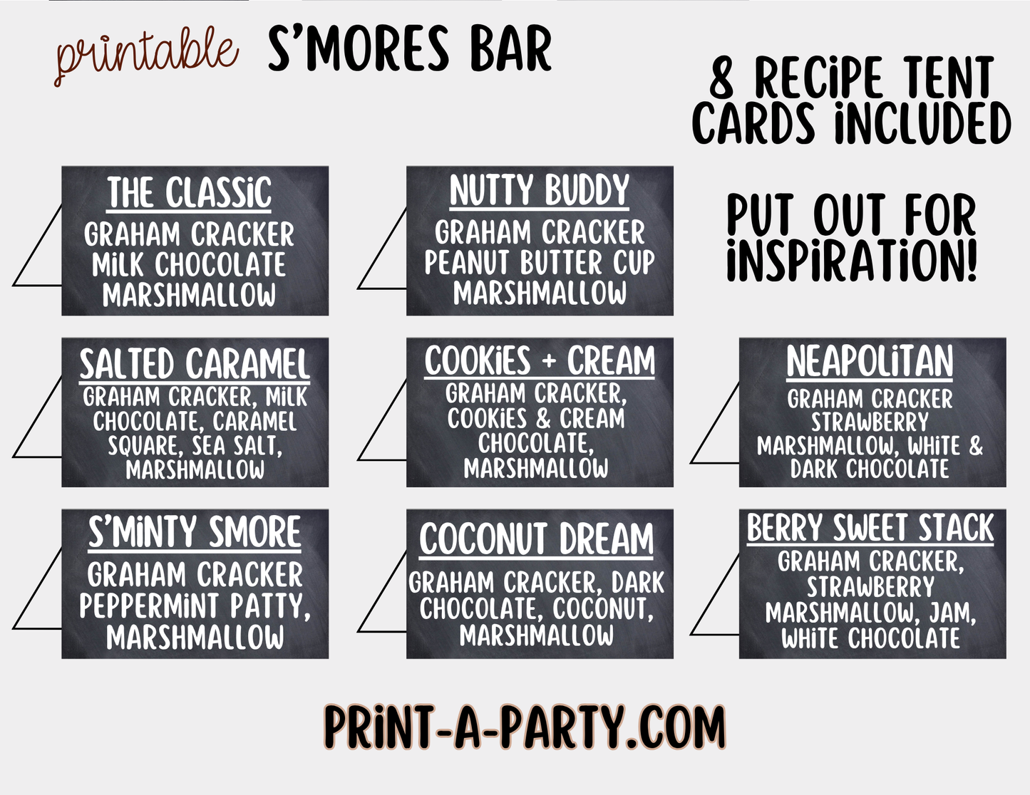 S'mores Bar Sign (8x10) & Topping Tent Cards - Printable Food Station Decor for Parties, Showers, Events
