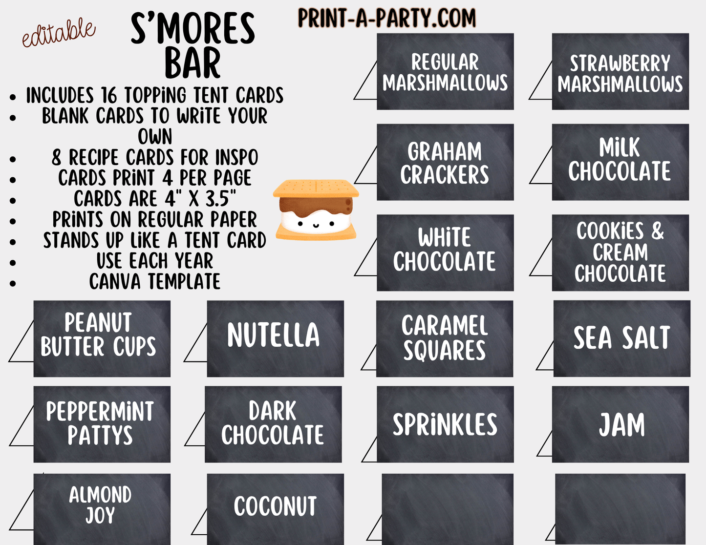 Editable S'Mores Bar Sign (8x10) and Topping Tent Cards Canva Template - Perfect for Parties, Showers and Events