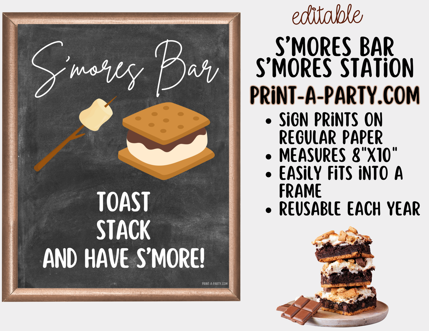 Editable S'Mores Bar Sign (8x10) and Topping Tent Cards Canva Template - Perfect for Parties, Showers and Events