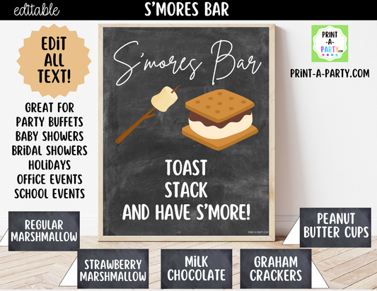 Editable S'Mores Bar Sign (8x10) and Topping Tent Cards Canva Template - Perfect for Parties, Showers and Events