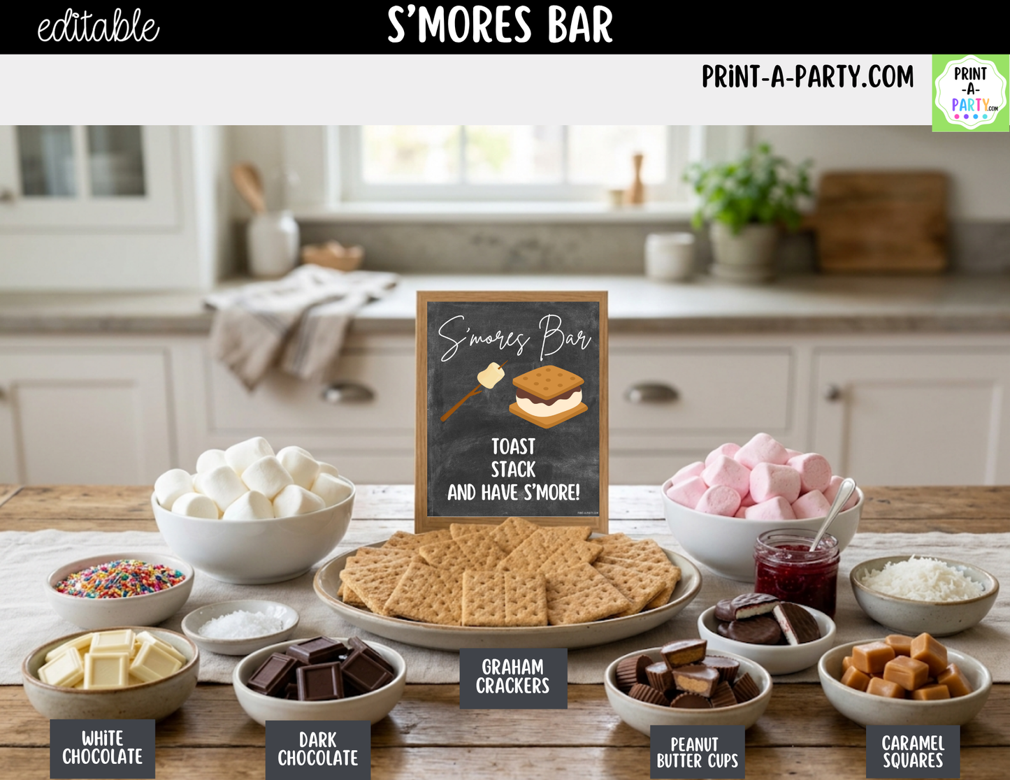 Editable S'Mores Bar Sign (8x10) and Topping Tent Cards Canva Template - Perfect for Parties, Showers and Events