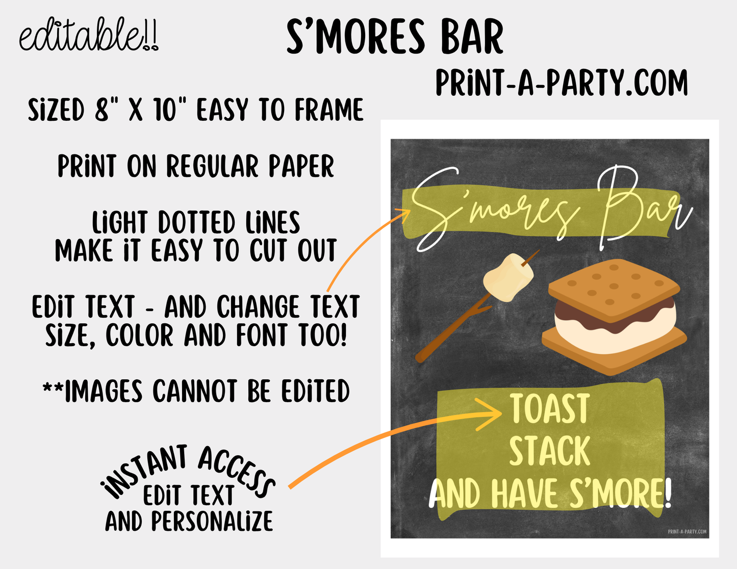 Editable S'Mores Bar Sign (8x10) and Topping Tent Cards Canva Template - Perfect for Parties, Showers and Events
