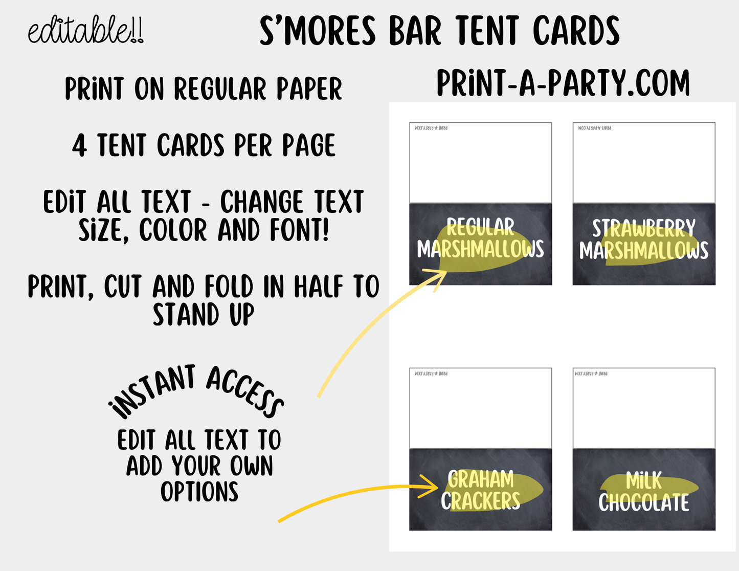 Editable S'Mores Bar Sign (8x10) and Topping Tent Cards Canva Template - Perfect for Parties, Showers and Events