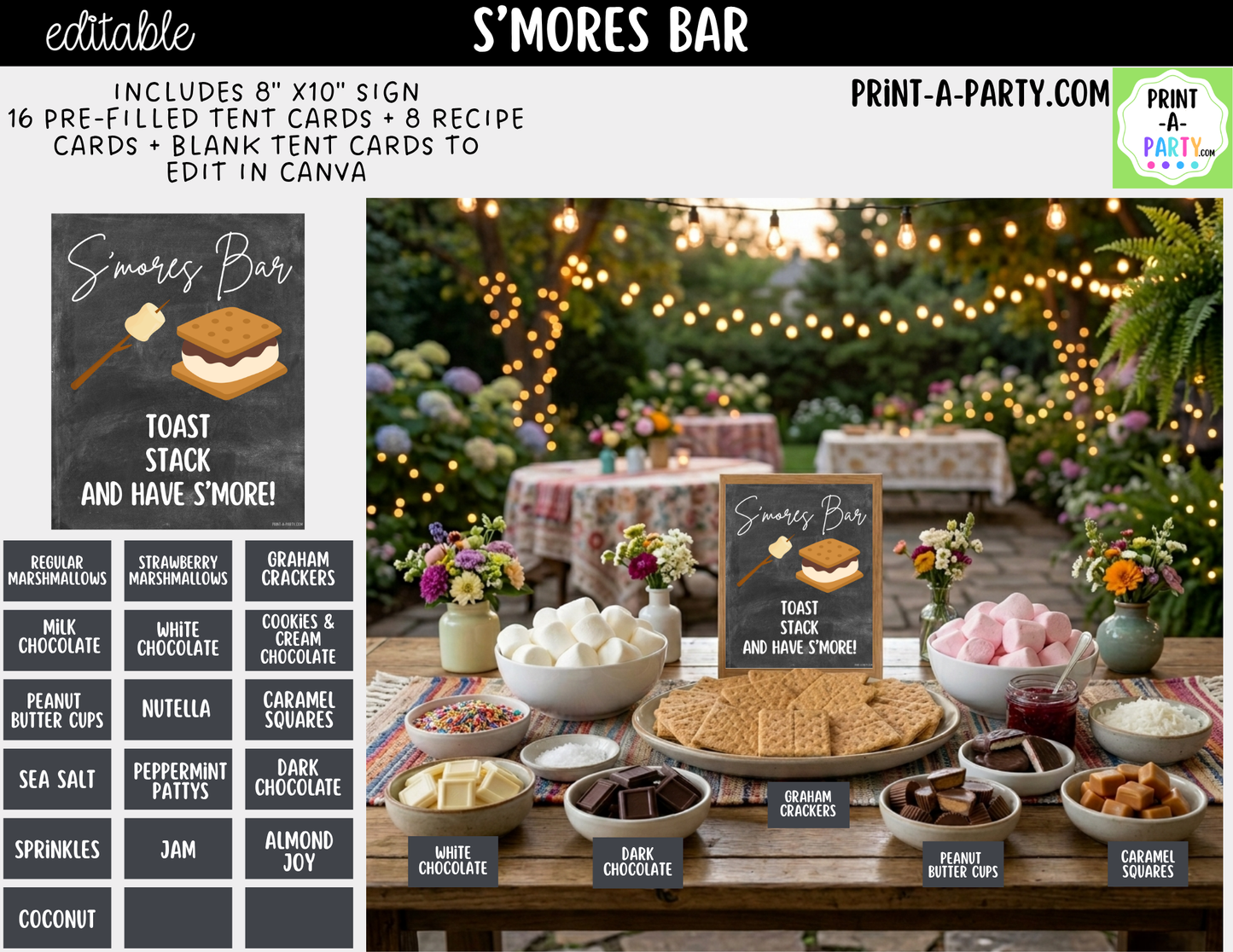 Editable S'Mores Bar Sign (8x10) and Topping Tent Cards Canva Template - Perfect for Parties, Showers and Events