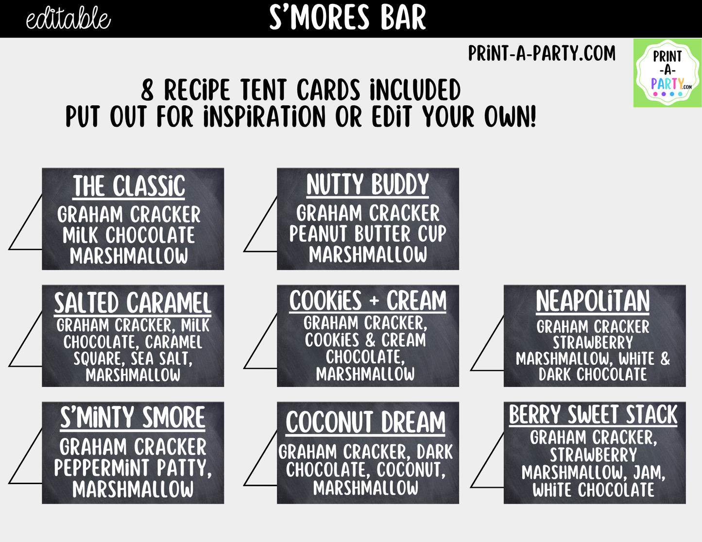 Editable S'Mores Bar Sign (8x10) and Topping Tent Cards Canva Template - Perfect for Parties, Showers and Events