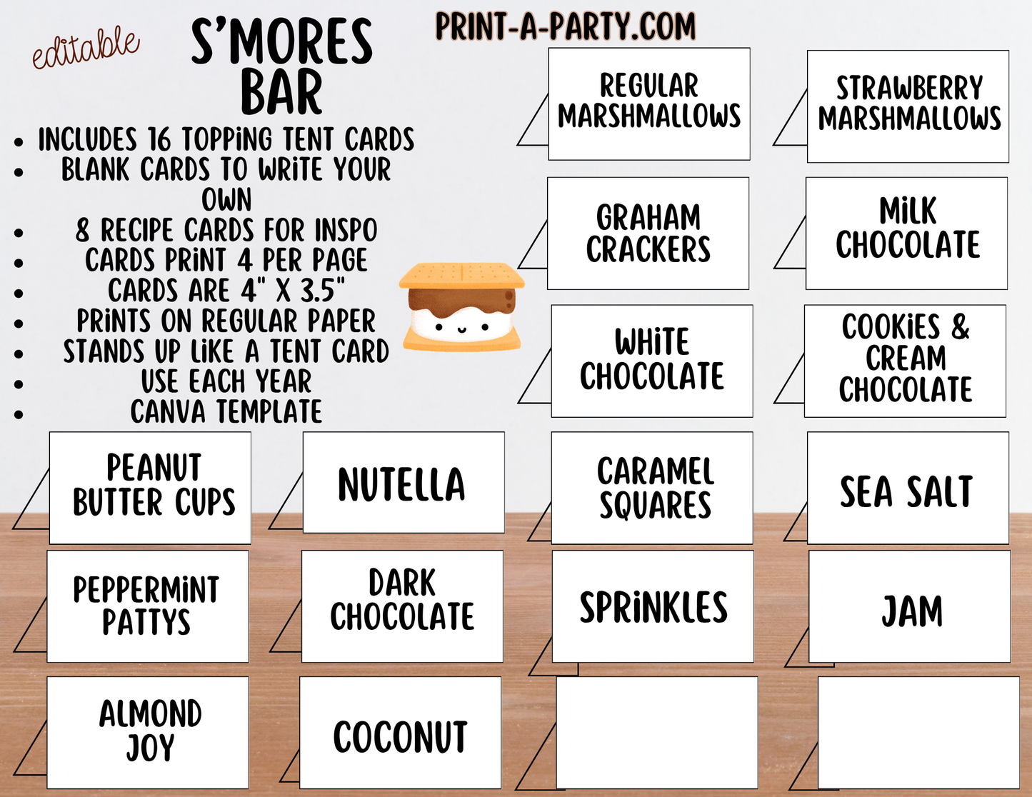 Editable S'Mores Bar Sign (8x10) and Topping Tent Cards Canva Template - Perfect for Parties, Showers and Events