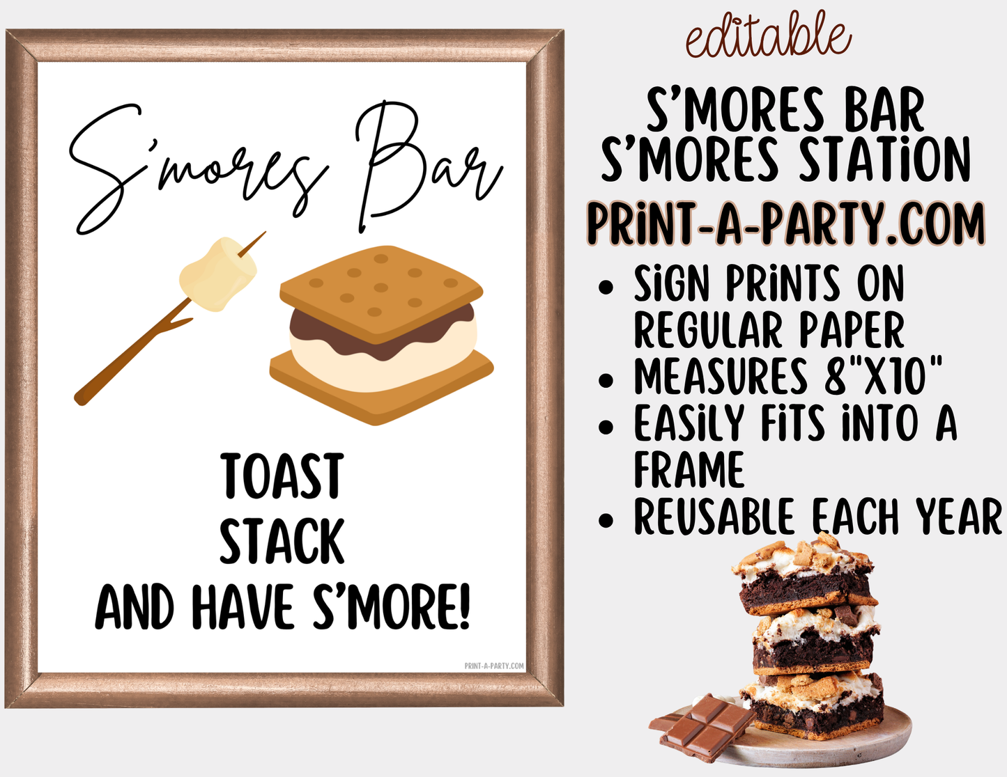 Editable S'Mores Bar Sign (8x10) and Topping Tent Cards Canva Template - Perfect for Parties, Showers and Events