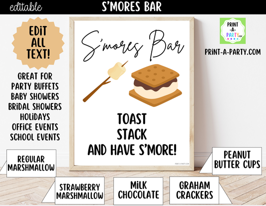Editable S'Mores Bar Sign (8x10) and Topping Tent Cards Canva Template - Perfect for Parties, Showers and Events
