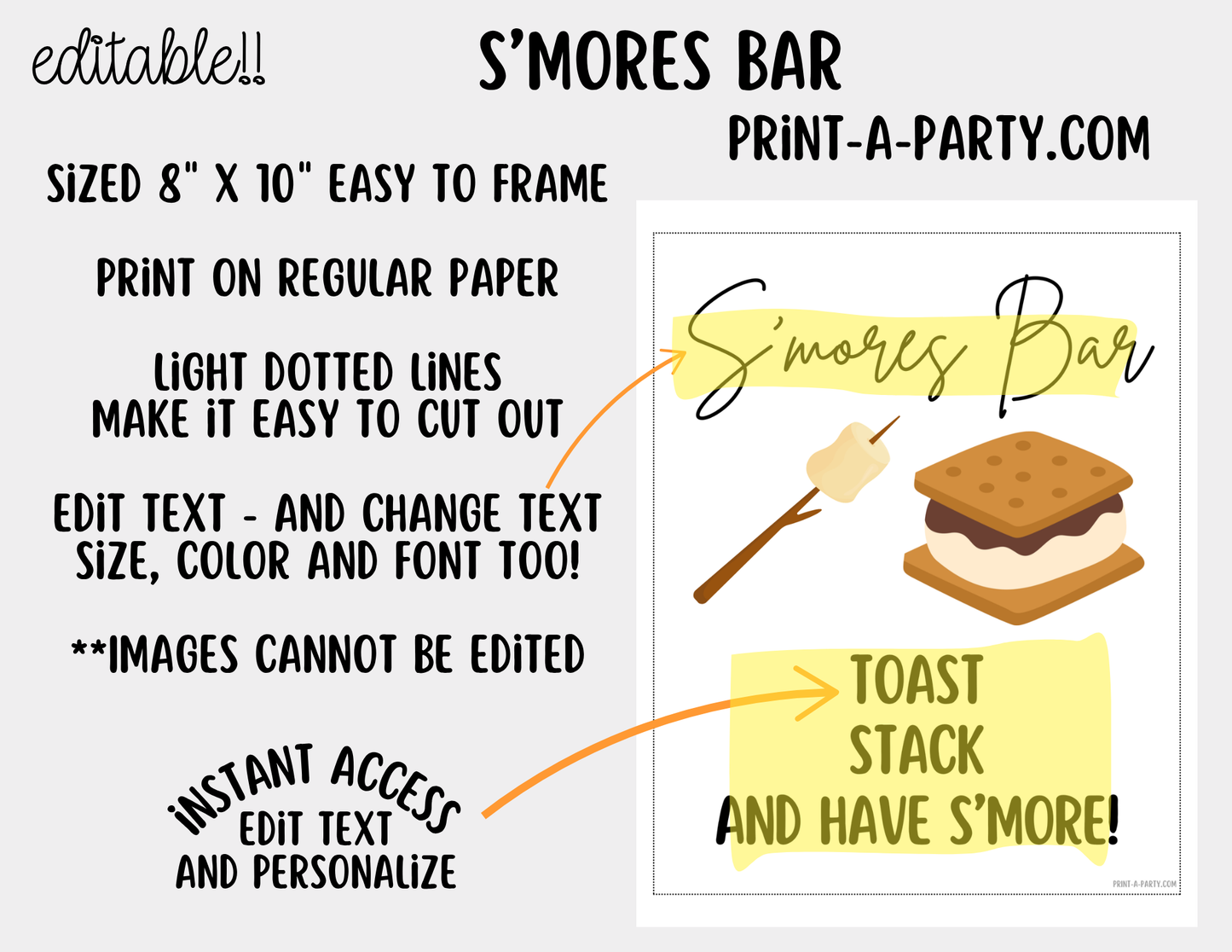 Editable S'Mores Bar Sign (8x10) and Topping Tent Cards Canva Template - Perfect for Parties, Showers and Events