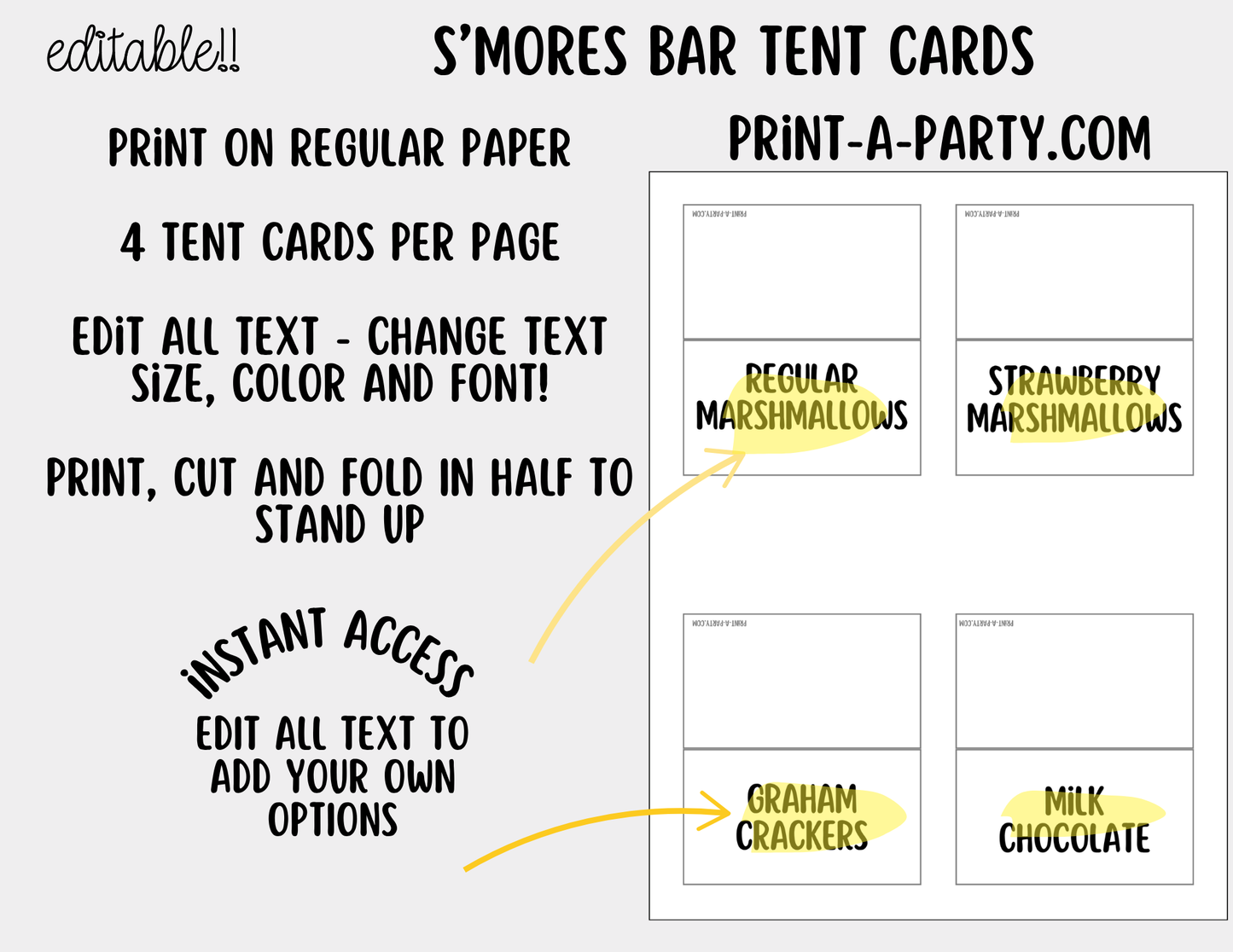Editable S'Mores Bar Sign (8x10) and Topping Tent Cards Canva Template - Perfect for Parties, Showers and Events