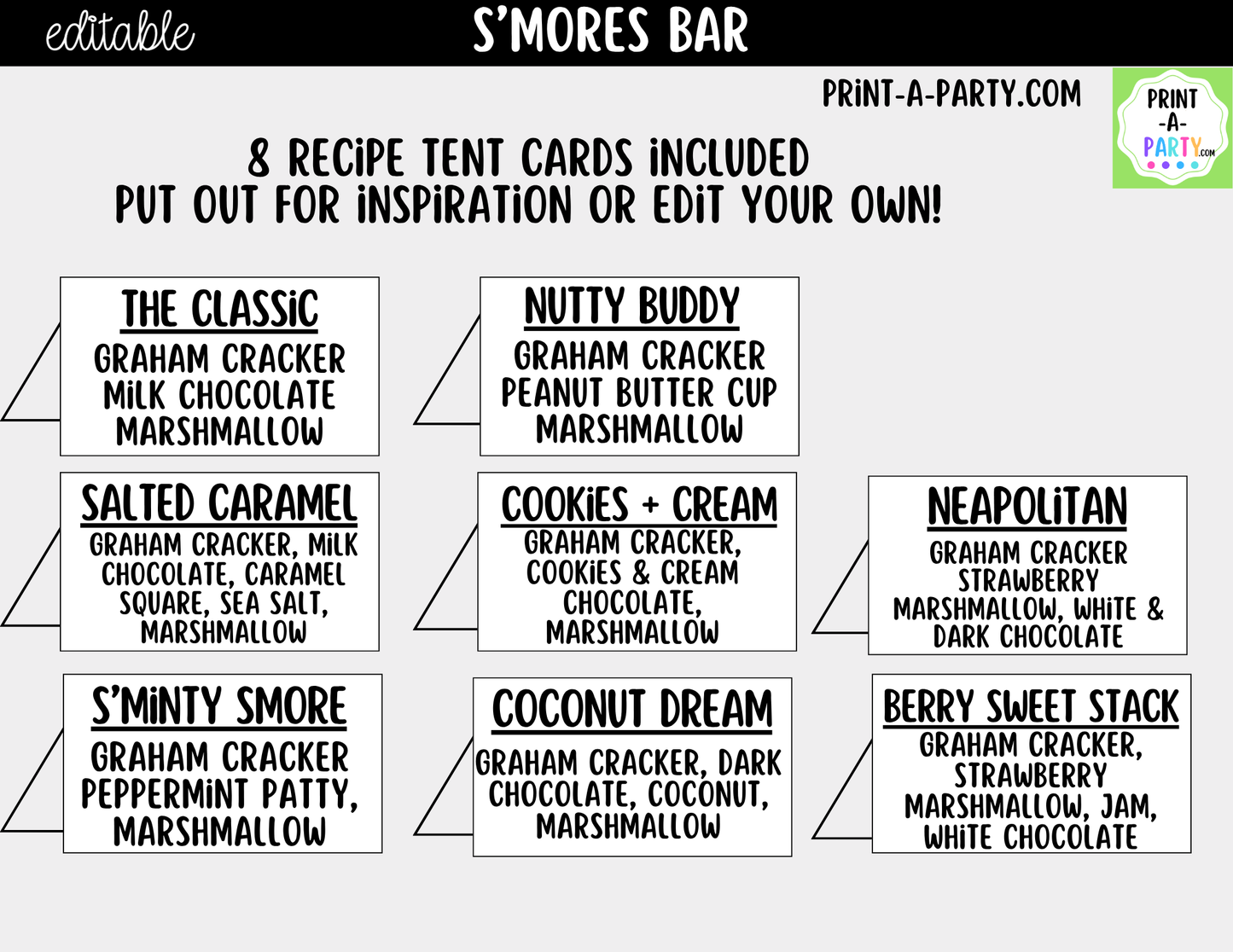 Editable S'Mores Bar Sign (8x10) and Topping Tent Cards Canva Template - Perfect for Parties, Showers and Events