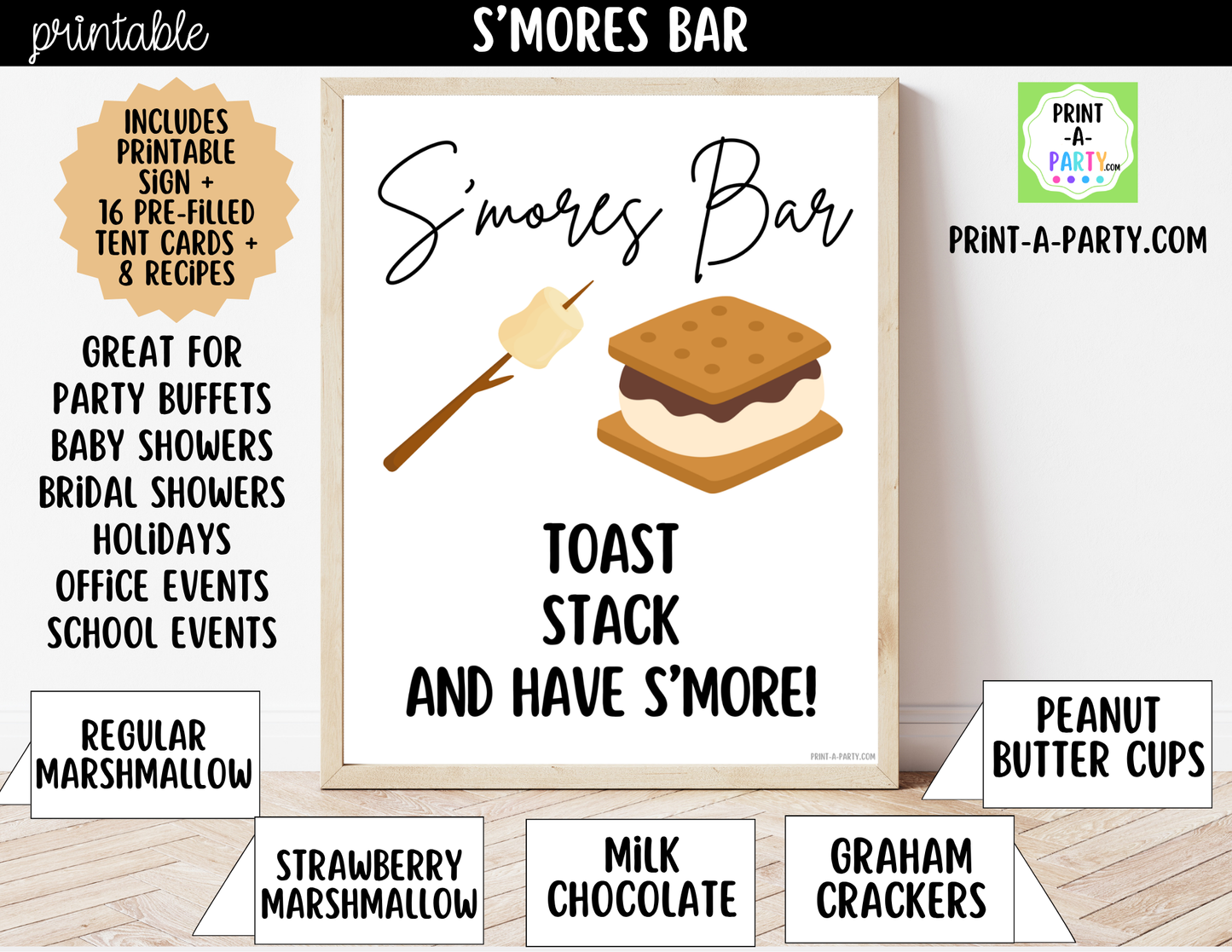 S'mores Bar Sign (8x10) & Topping Tent Cards - Printable Food Station Decor for Parties, Showers, Events