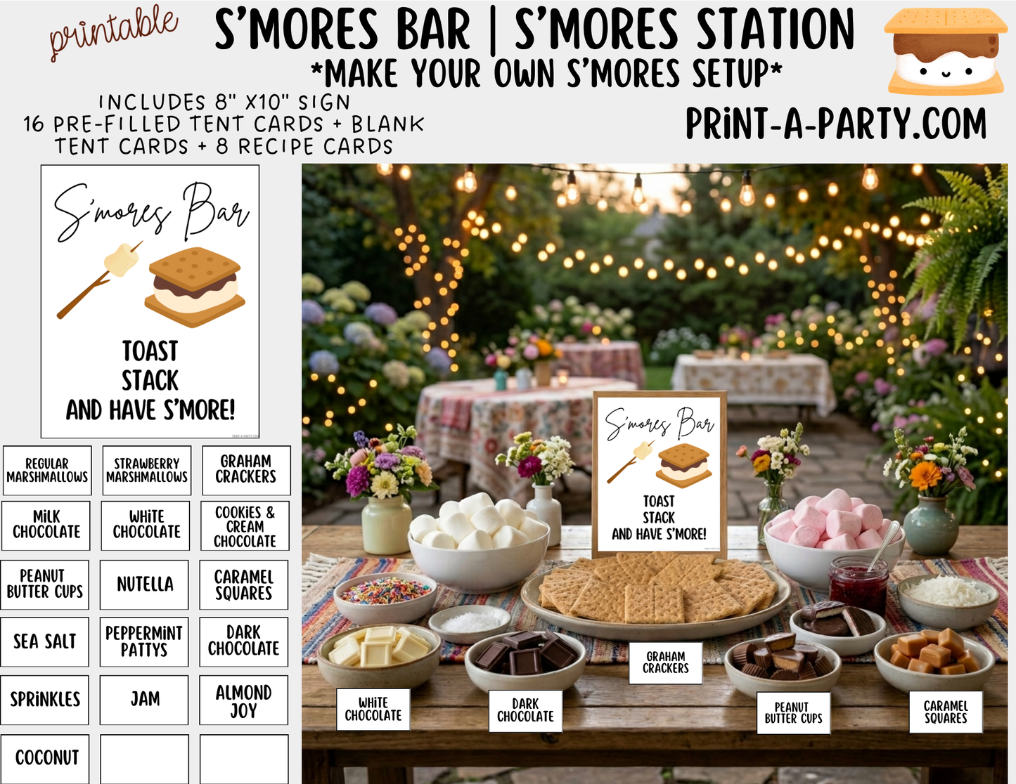 S'mores Bar Sign (8x10) & Topping Tent Cards - Printable Food Station Decor for Parties, Showers, Events