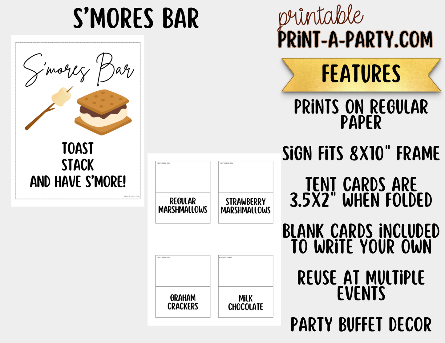 S'mores Bar Sign (8x10) & Topping Tent Cards - Printable Food Station Decor for Parties, Showers, Events
