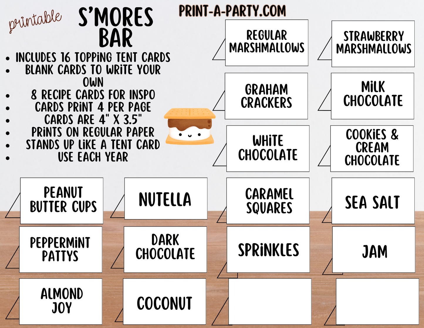 S'mores Bar Sign (8x10) & Topping Tent Cards - Printable Food Station Decor for Parties, Showers, Events