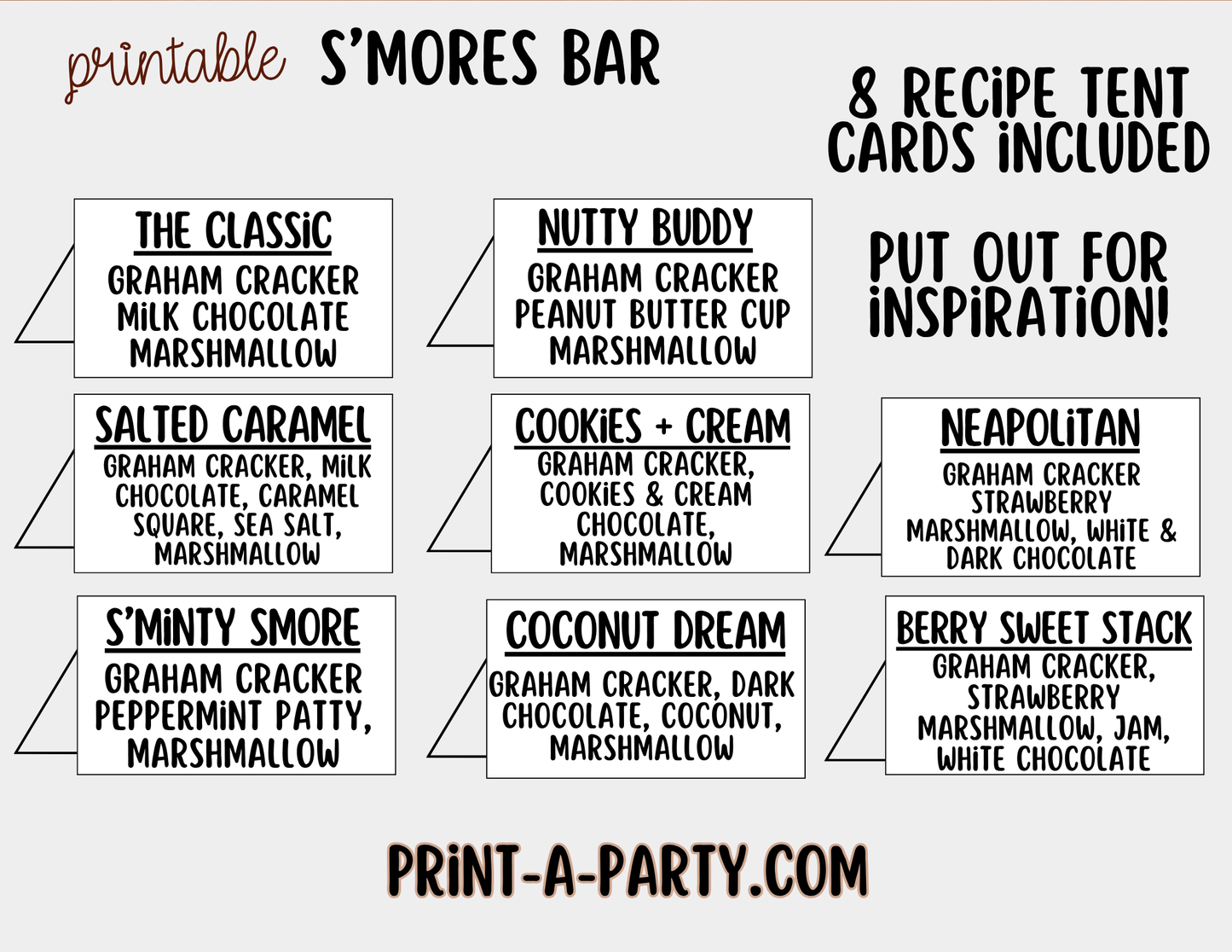 S'mores Bar Sign (8x10) & Topping Tent Cards - Printable Food Station Decor for Parties, Showers, Events