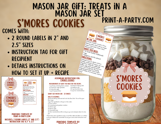 MASON JAR GIFT: Printable S'mores Mason Jar Cookie Kit, DIY Gift in a Jar Labels, Gift Tag, Instructions