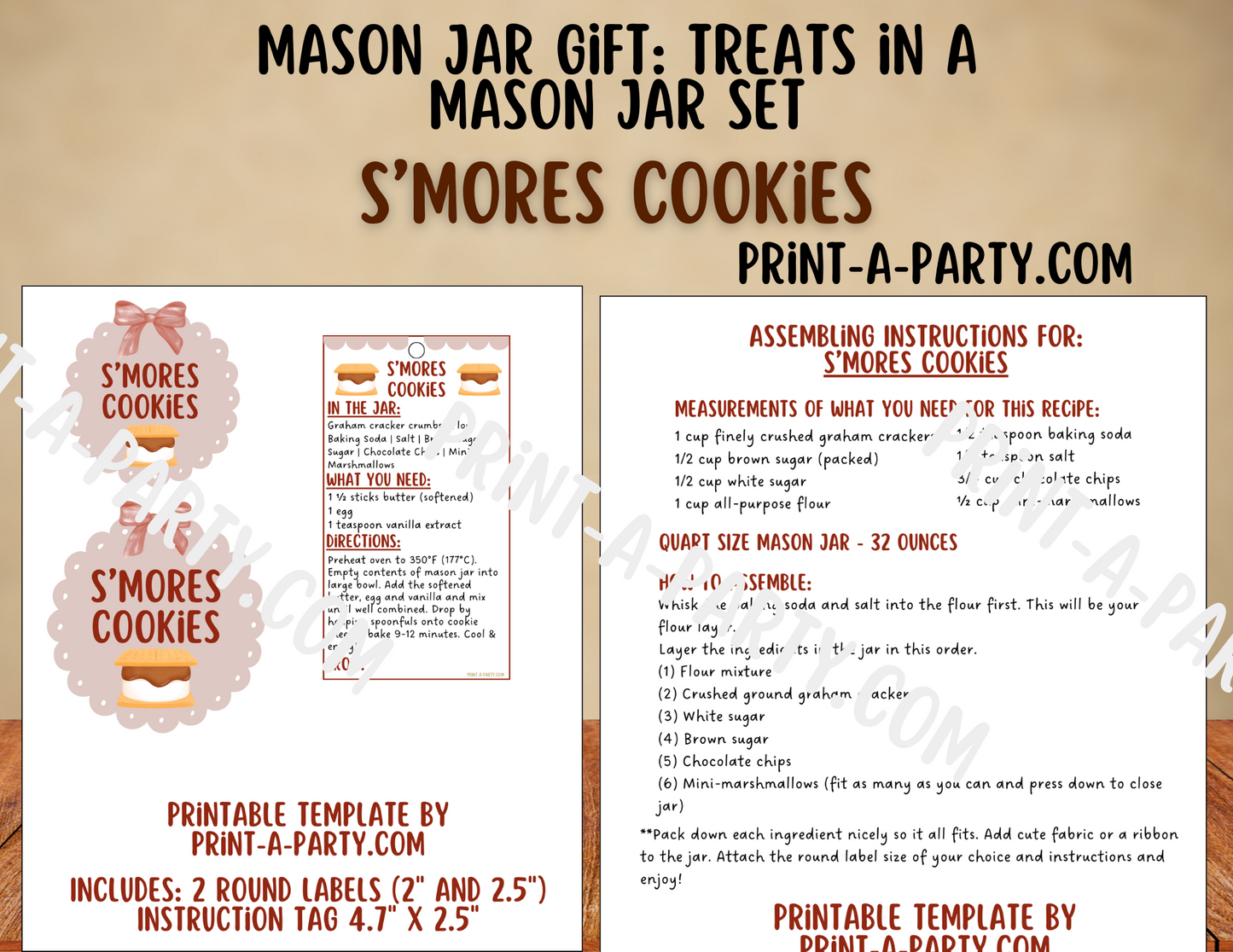 MASON JAR GIFT: Printable S'mores Mason Jar Cookie Kit, DIY Gift in a Jar Labels, Gift Tag, Instructions