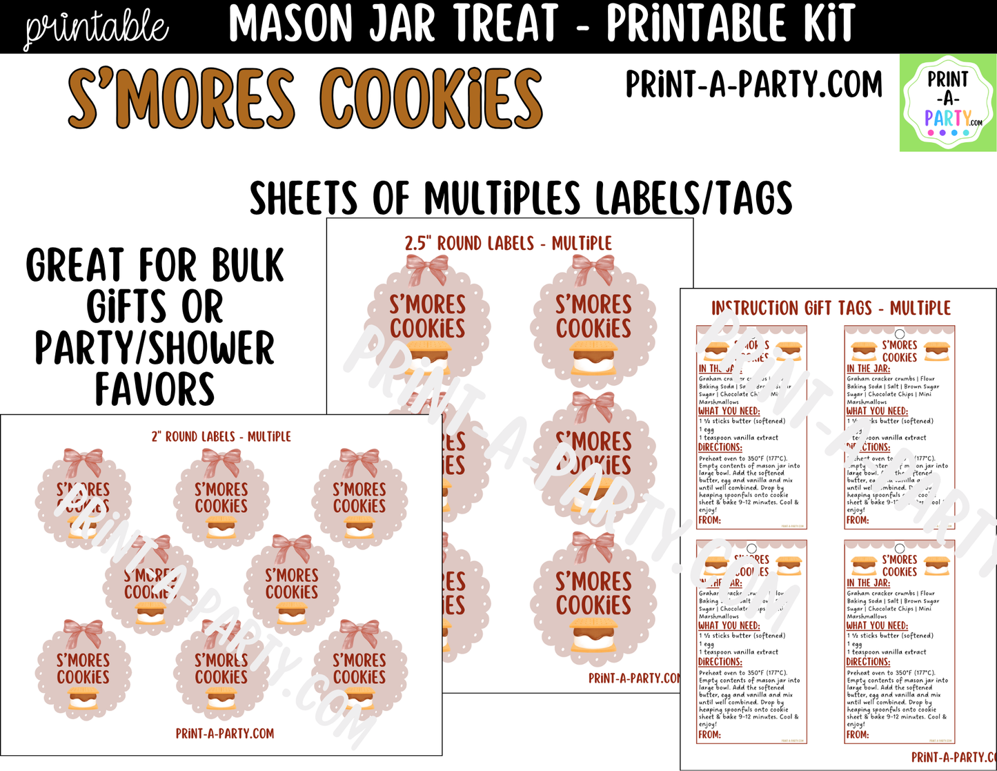 S'mores Cookies in a Mason Jar Gift Printable Kit - Labels, Tag, Recipe & Instructions