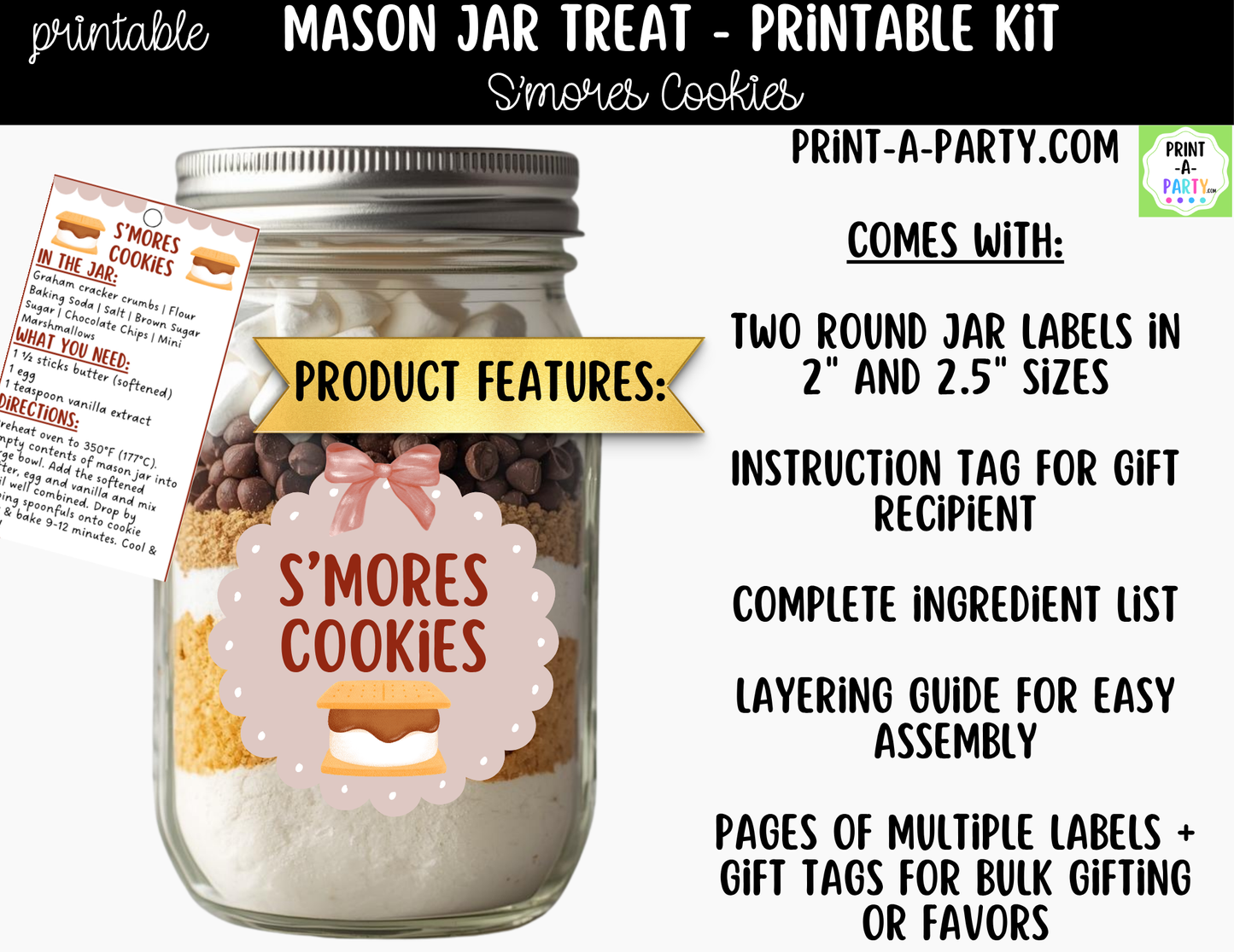 S'mores Cookies in a Mason Jar Gift Printable Kit - Labels, Tag, Recipe & Instructions