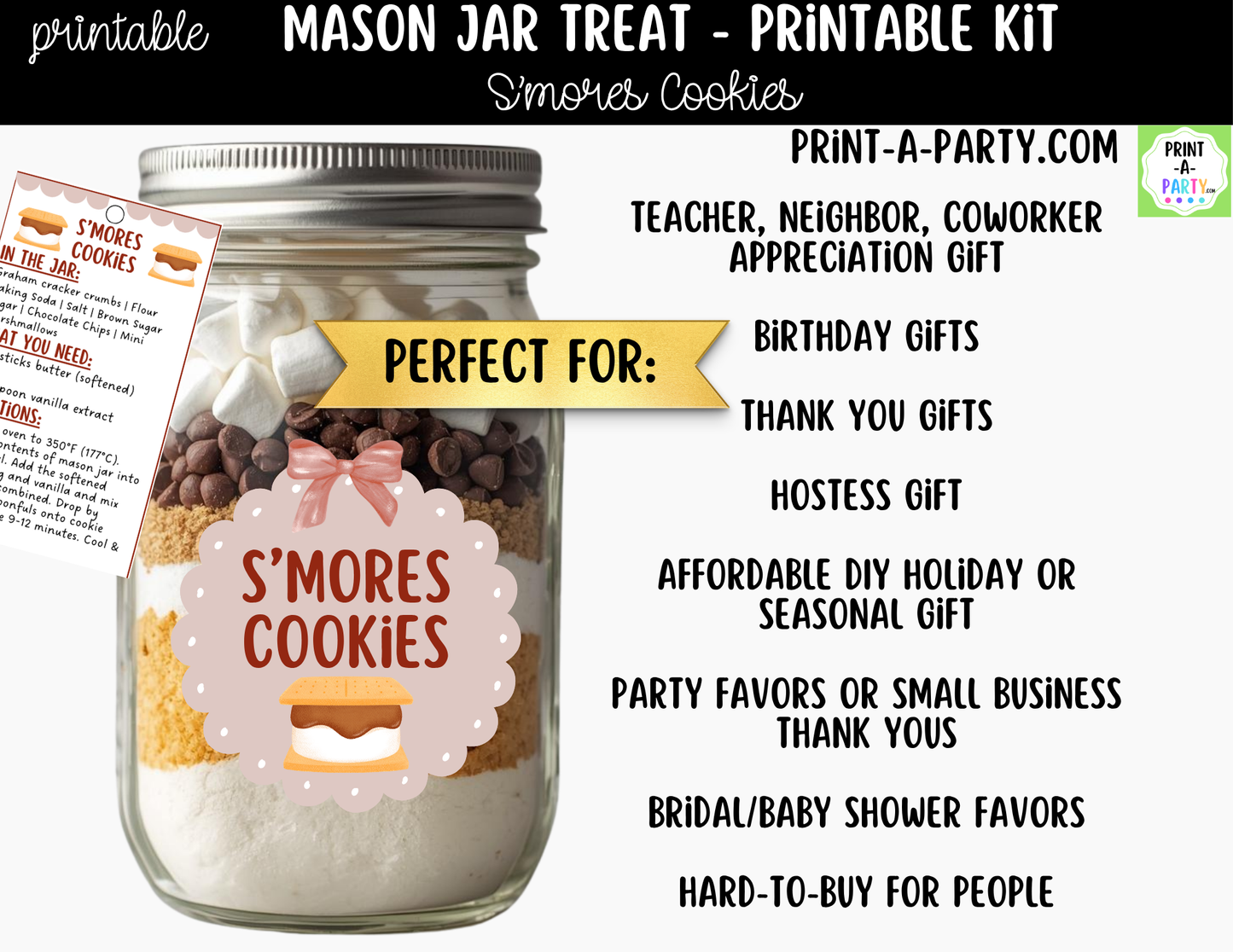 S'mores Cookies in a Mason Jar Gift Printable Kit - Labels, Tag, Recipe & Instructions
