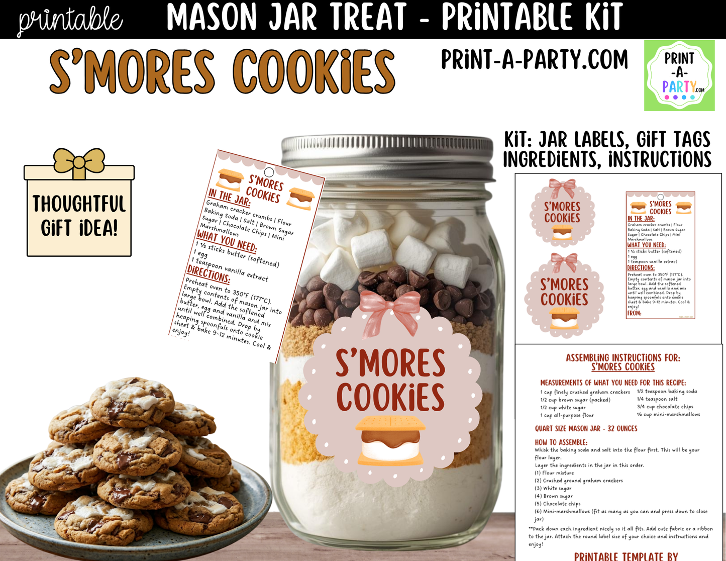 S'mores Cookies in a Mason Jar Gift Printable Kit - Labels, Tag, Recipe & Instructions