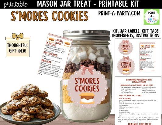 S'mores Cookies in a Mason Jar Gift Printable Kit - Labels, Tag, Recipe & Instructions
