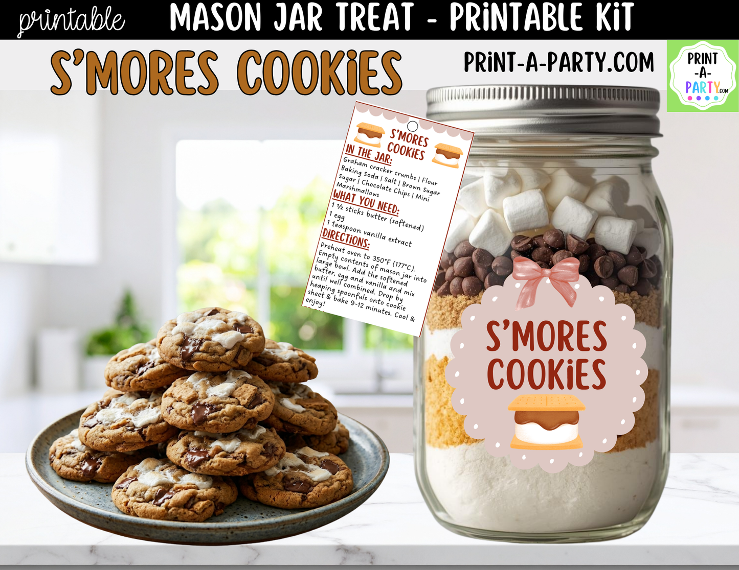 S'mores Cookies in a Mason Jar Gift Printable Kit - Labels, Tag, Recipe & Instructions