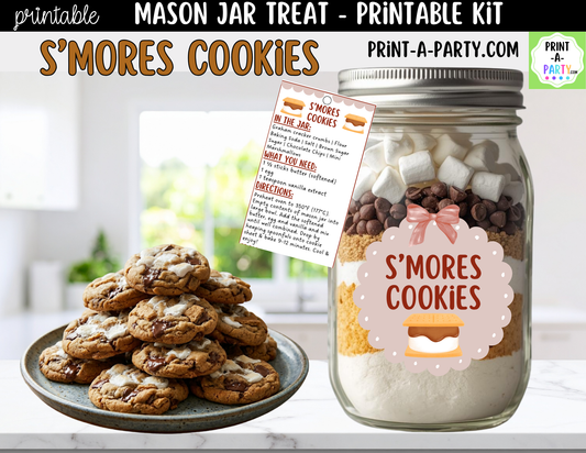 S'mores Cookies in a Mason Jar Gift Printable Kit - Labels, Tag, Recipe & Instructions