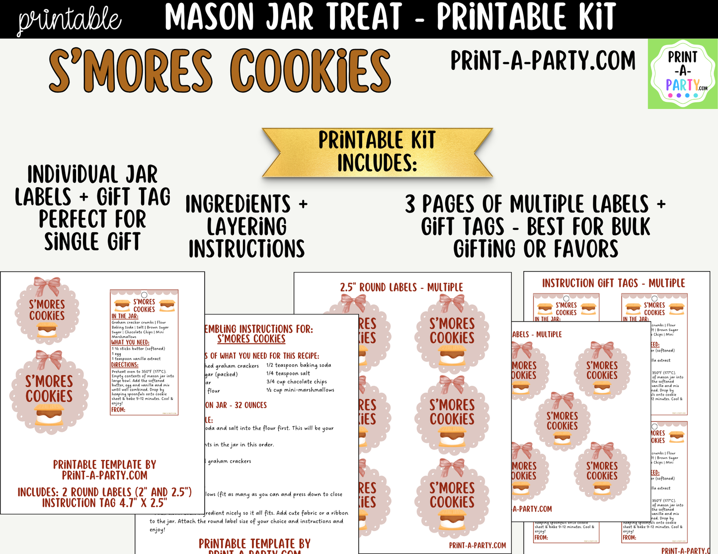 S'mores Cookies in a Mason Jar Gift Printable Kit - Labels, Tag, Recipe & Instructions