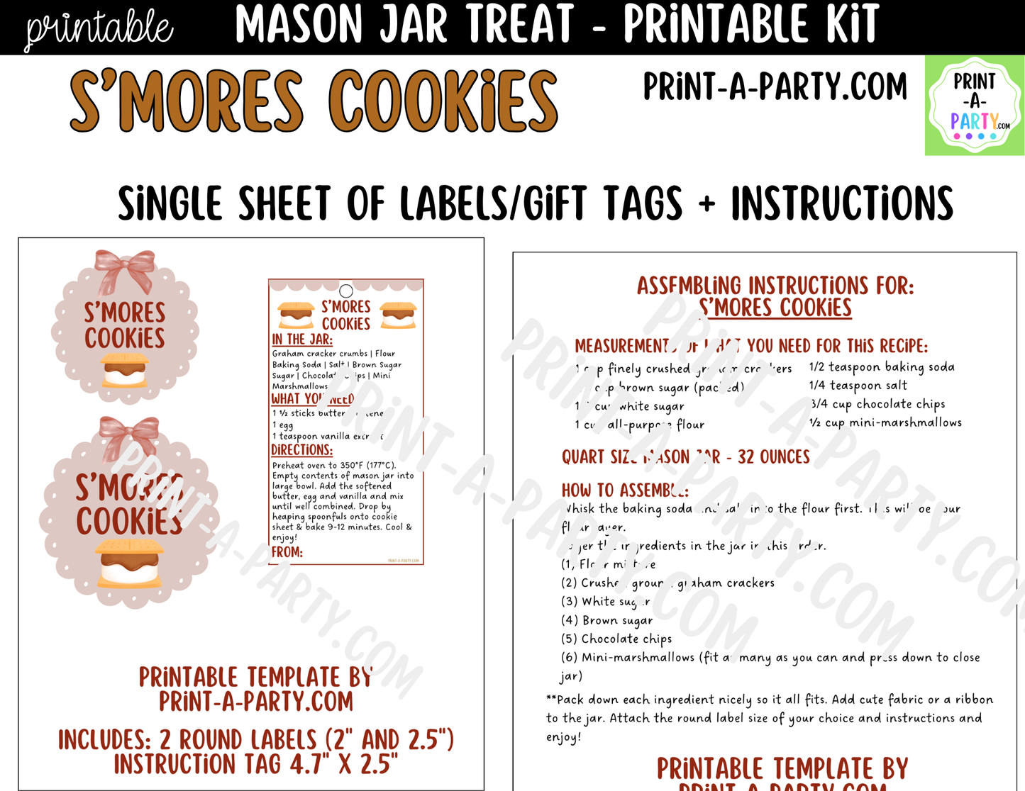 S'mores Cookies in a Mason Jar Gift Printable Kit - Labels, Tag, Recipe & Instructions