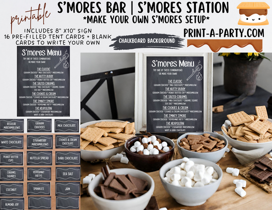 S'MORES BAR Setup - Chalkboard | Make your own S'Mores Sign | SMores Labels | Food Station for Party | Food Bar for Party | 4th of July | Summer Parties | Weddings | Showers | Fall | DIY Smores Bar