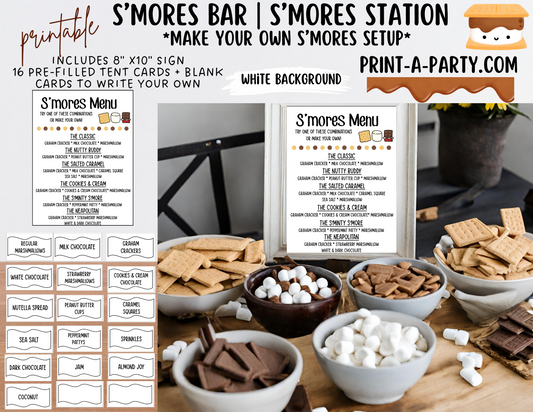 S'MORES BAR Setup - White | Make your own S'Mores Sign | Party Food Station | Party Food Bar | 4th July | Summer | Showers | Fall | DIY Smores Bar