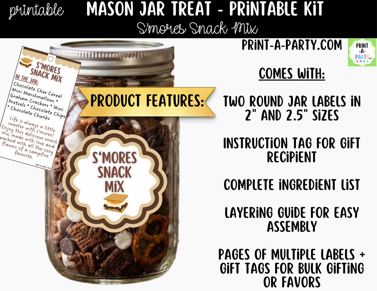 S'mores Snack Mix Jar Kit | Labels, Tag, Recipe & Instructions