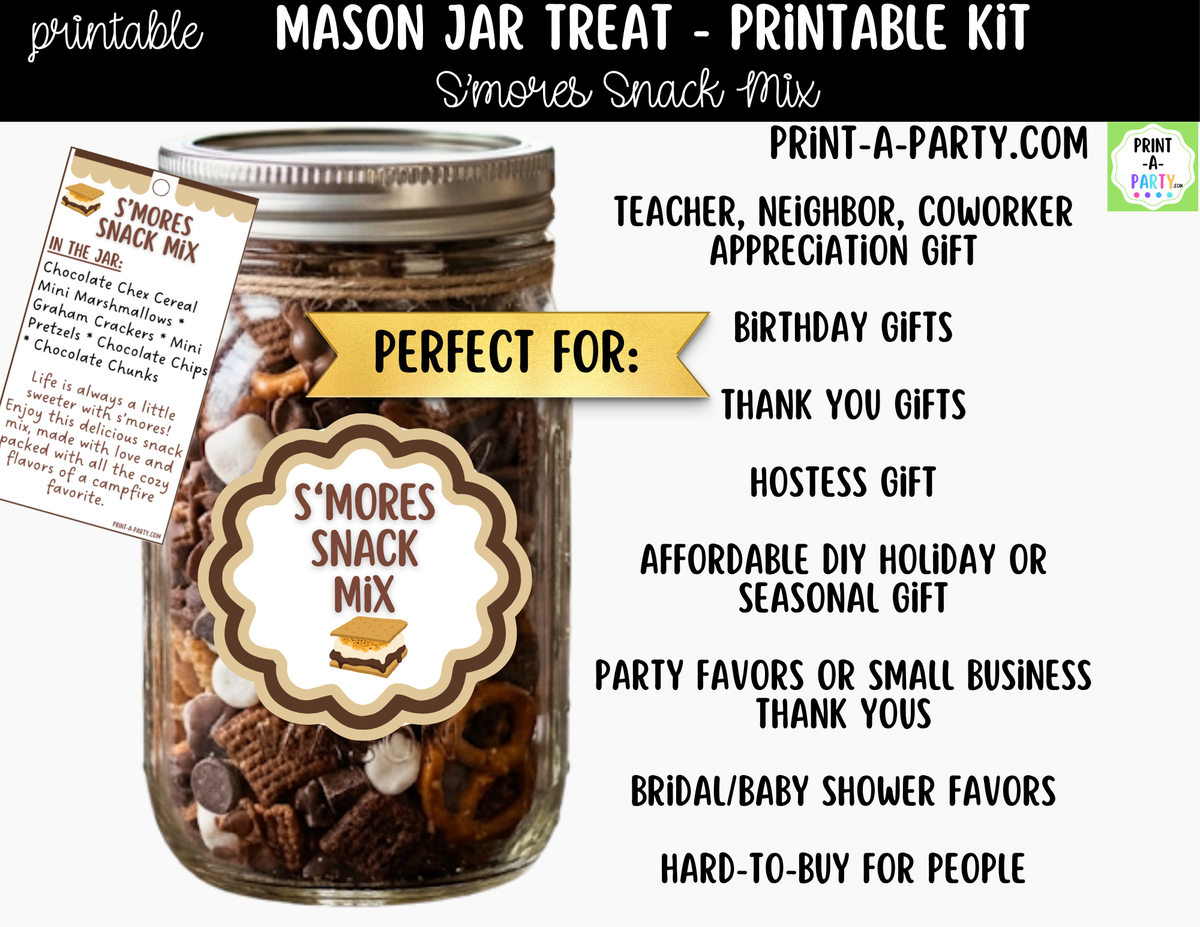 S'mores Snack Mix Jar Kit | Labels, Tag, Recipe & Instructions