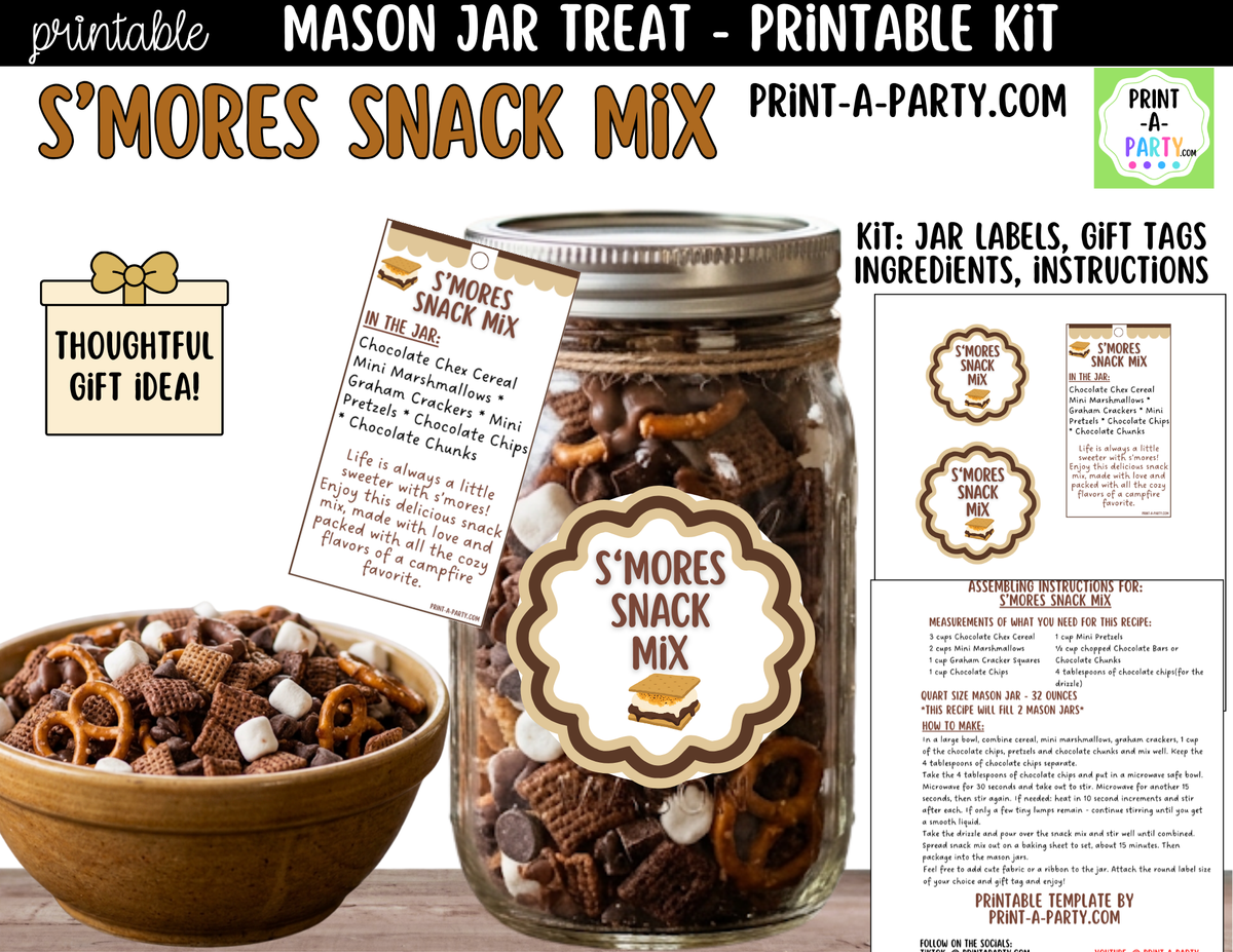 S'mores Snack Mix Jar Kit | Labels, Tag, Recipe & Instructions