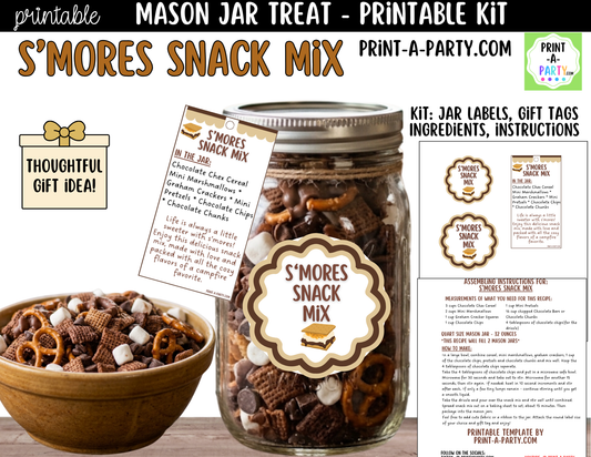 S'mores Snack Mix Jar Kit | Labels, Tag, Recipe & Instructions