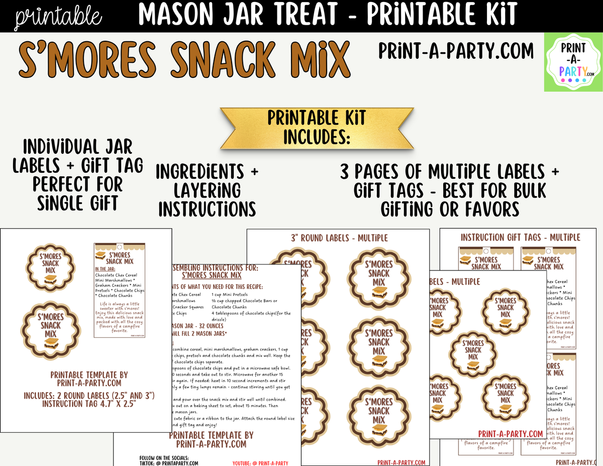 S'mores Snack Mix Jar Kit | Labels, Tag, Recipe & Instructions