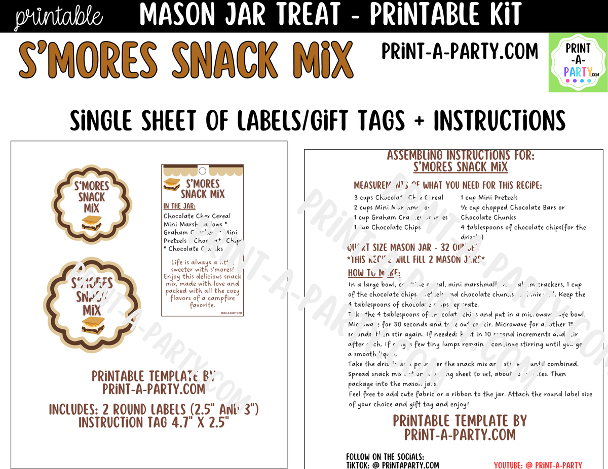 S'mores Snack Mix Jar Kit | Labels, Tag, Recipe & Instructions