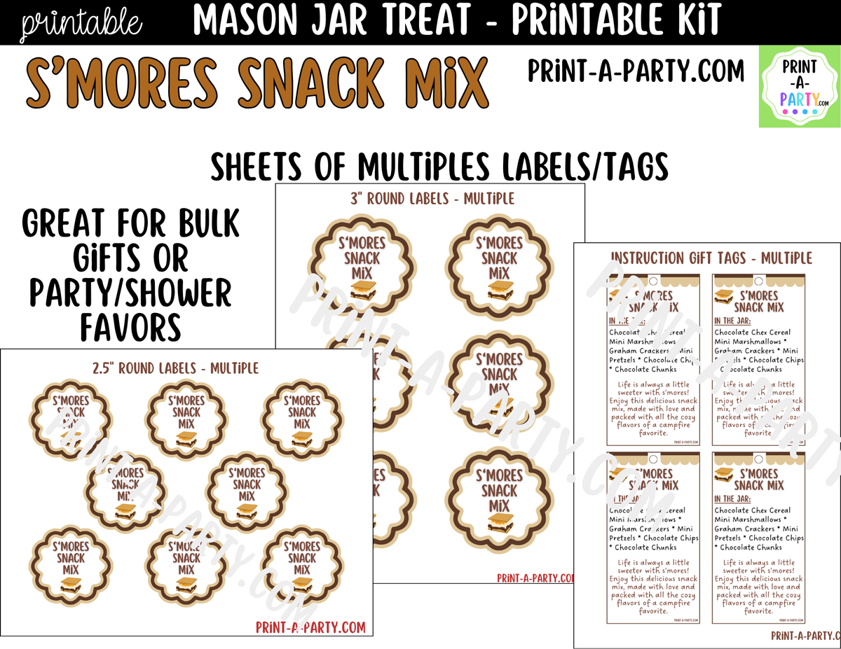 S'mores Snack Mix Jar Kit | Labels, Tag, Recipe & Instructions