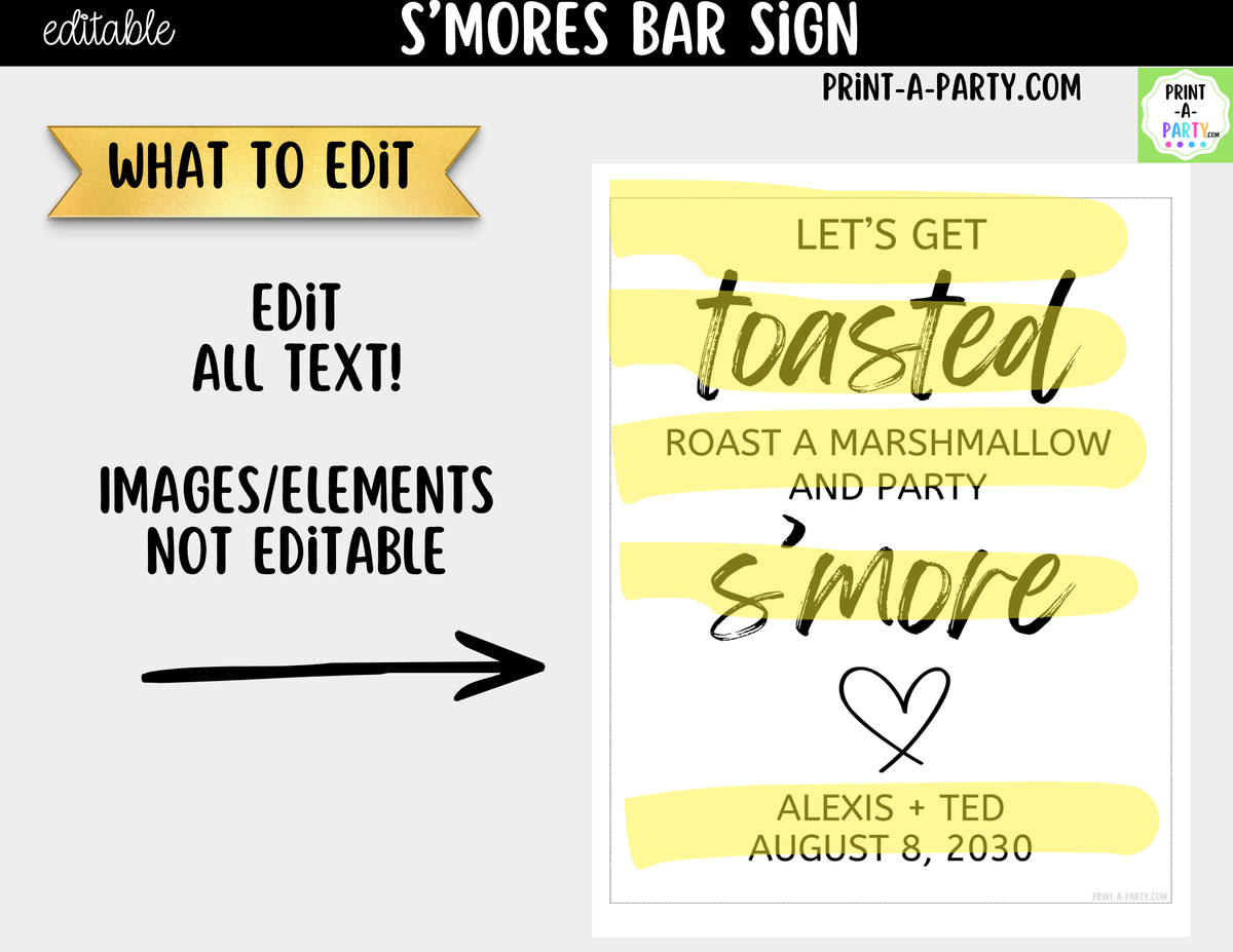 Editable S'mores Bar Sign – Let's Get Toasted | 8x10 Canva