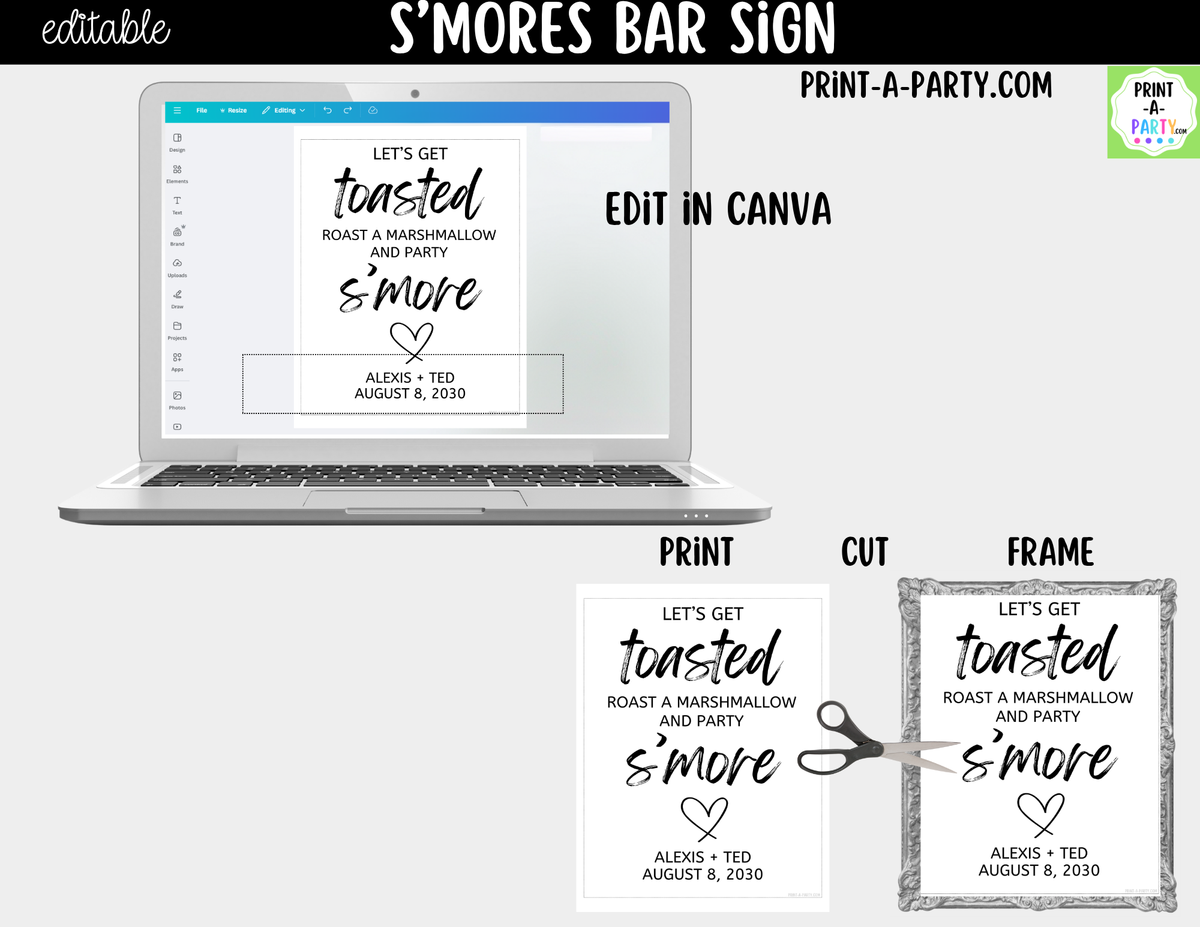 Editable S'mores Bar Sign – Let's Get Toasted | 8x10 Canva