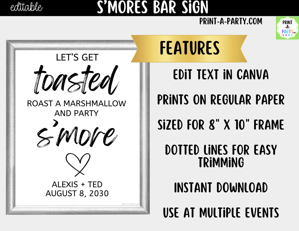 Editable S'mores Bar Sign – Let's Get Toasted | 8x10 Canva
