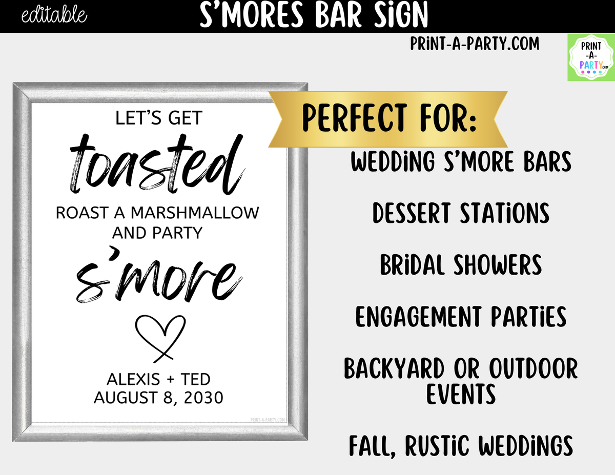 Editable S'mores Bar Sign – Let's Get Toasted | 8x10 Canva