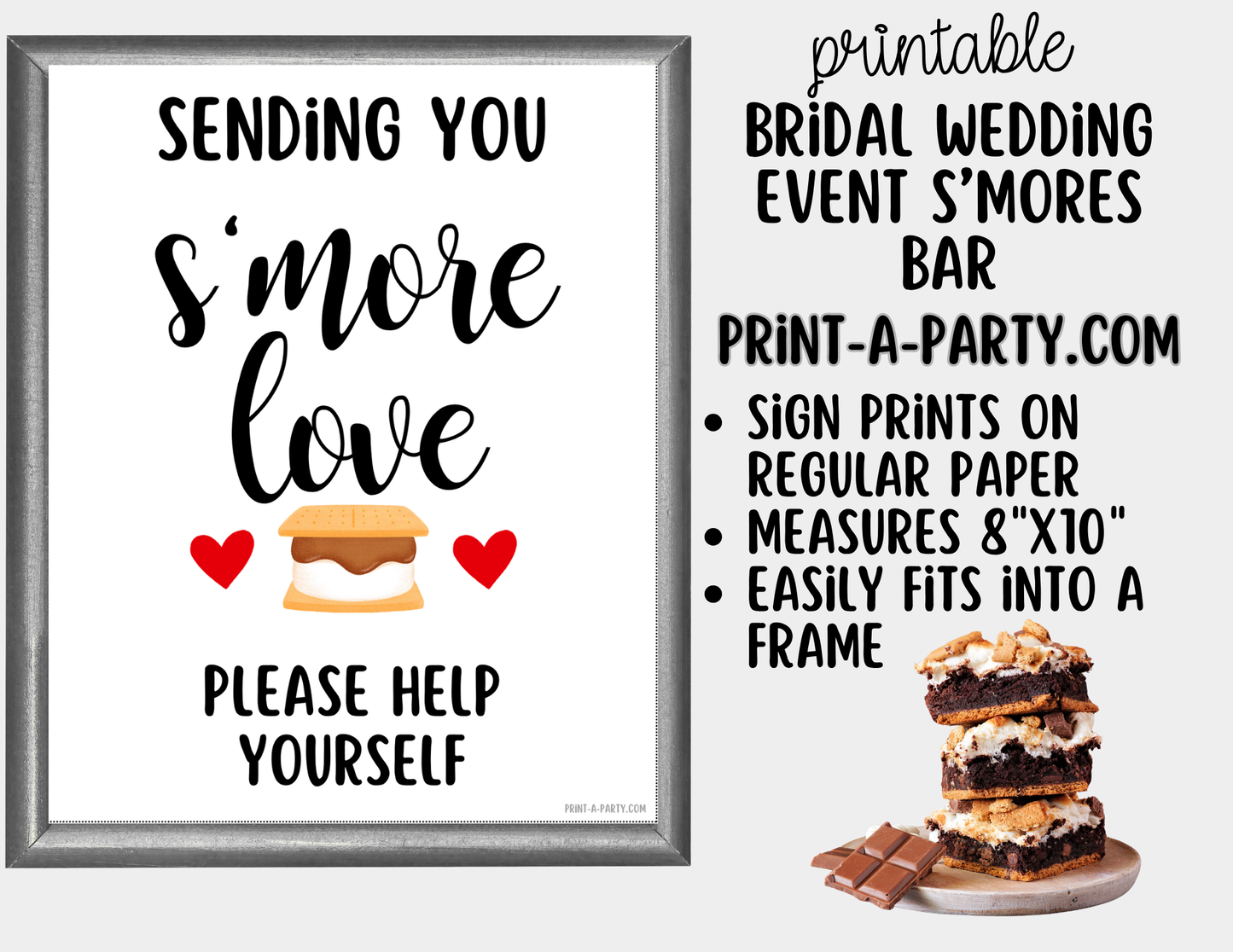 Wedding S'mores Bar Printable Sign (8x10) & Topping Tent Cards – Bridal Shower S'mores Station Decor, Instant Download