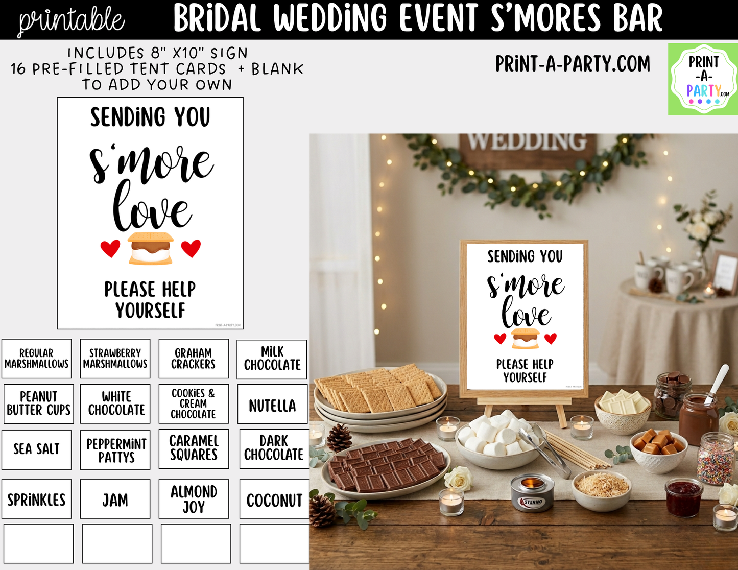 Wedding S'mores Bar Printable Sign (8x10) & Topping Tent Cards – Bridal Shower S'mores Station Decor, Instant Download