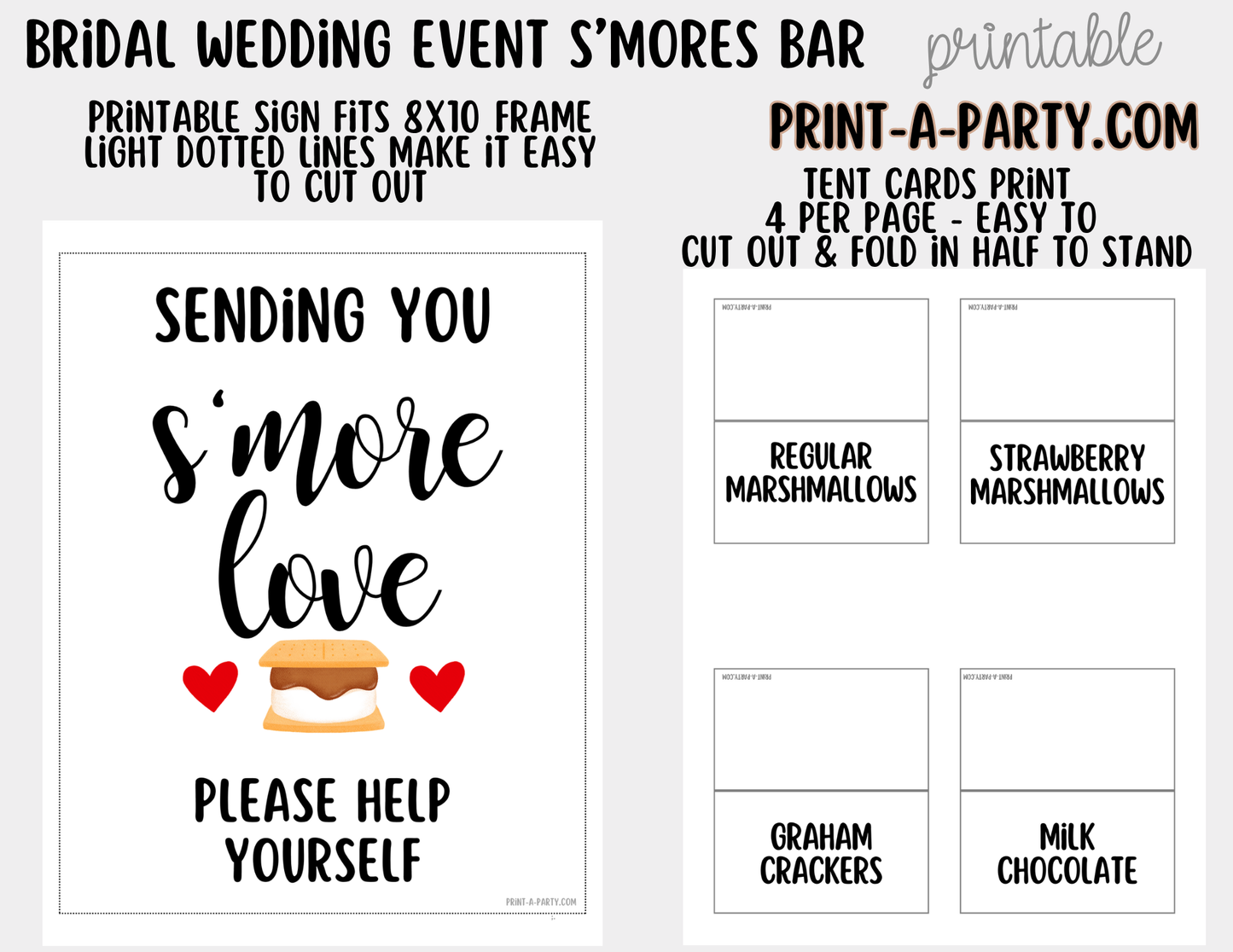 Wedding S'mores Bar Printable Sign (8x10) & Topping Tent Cards – Bridal Shower S'mores Station Decor, Instant Download