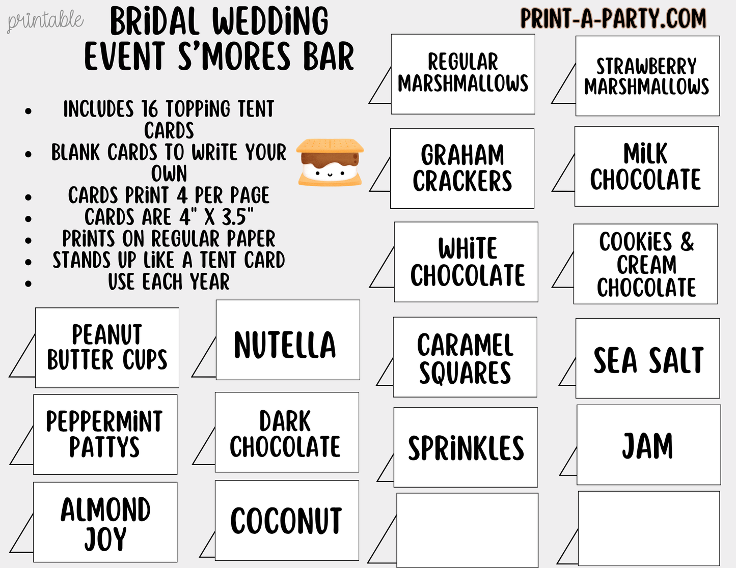 Wedding S'mores Bar Printable Sign (8x10) & Topping Tent Cards – Bridal Shower S'mores Station Decor, Instant Download