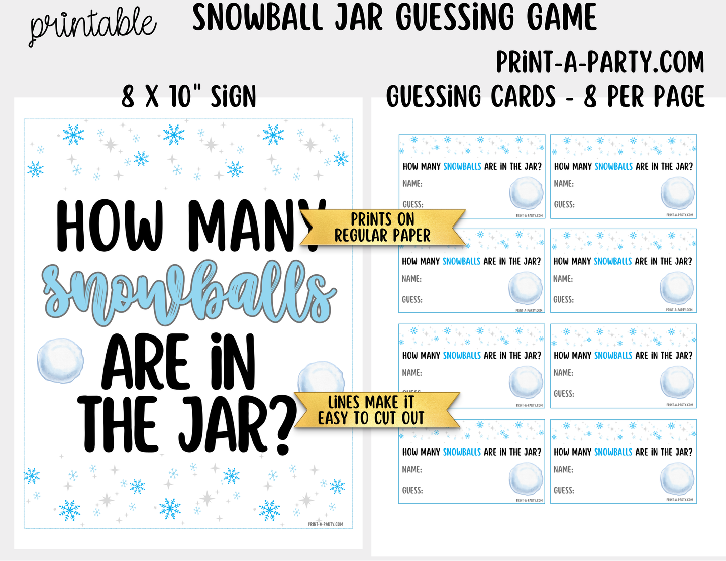 Snowball Jar Guessing Game Printable Sign (8x10) + Guessing Cards - How Many Snowballs In the Jar Party Decor