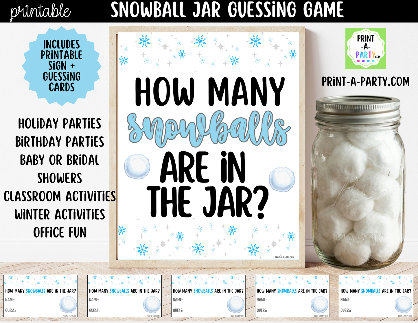 Snowball Jar Guessing Game Printable Sign (8x10) + Guessing Cards - How Many Snowballs In the Jar Party Decor